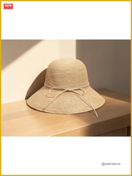 Natural Raffia Straw Bucket Hat Handwoven Wide Brim Sun Hat Foldable Floppy
